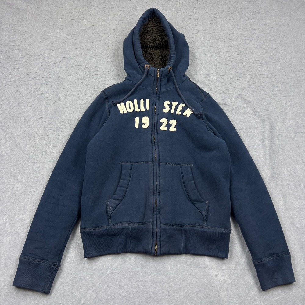VTG Hollister Hoodie Men's Small Navy Blue Sherpa Lined Full Zip Sweatshirt Y2K‎